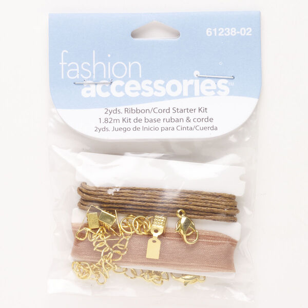 Cord and finding assortment, steel / organza / cotton, pkg/17, gold finish and brown, assorted sizes and shapes. image number 0