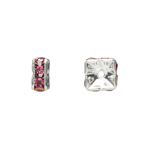 Bead, glass rhinestone and silver-plated brass, rose, 8x4mm squaredelle. Sold per pkg of 10. image number 0