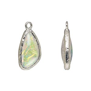 Drop, Opalized Ice™, "opal" (resin) and imitation rhodium-finished brass, opaque white, 19.5x11mm double-sided wing. Sold per pkg of 4.