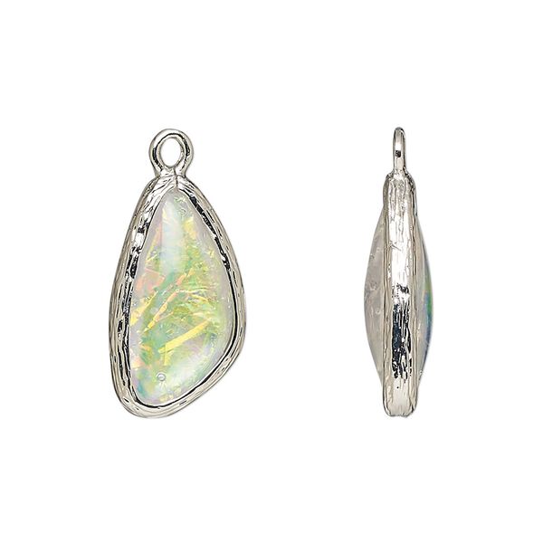 Drop, Opalized Ice™, "opal" (resin) and imitation rhodium-finished brass, opaque white, 19.5x11mm double-sided wing. Sold per pkg of 4. image number 0
