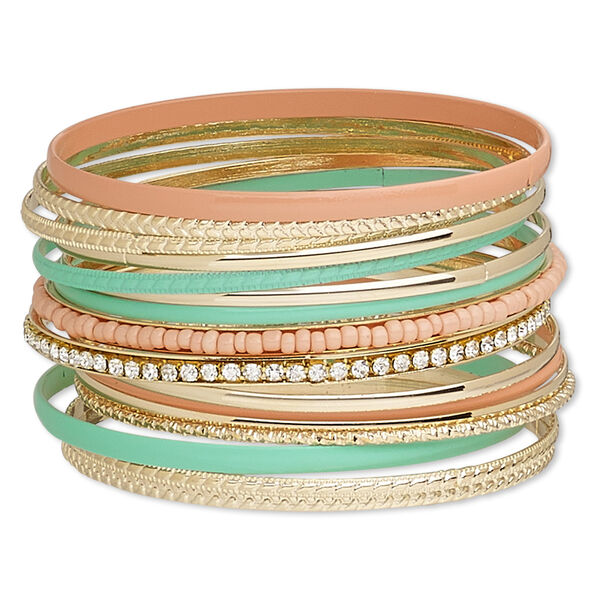 Bracelet, bangle, enamel / glass / glass rhinestone / gold-finished steel, assorted colors, 3-4mm wide, 8 inches. Sold per 16-piece set. image number 0