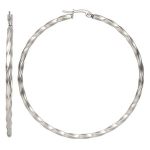 Earring, stainless steel, 2-1/4 inch twisted round hoop with hinged closure.
