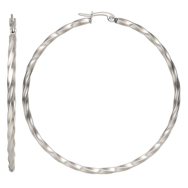 Earring, stainless steel, 2-1/4 inch twisted round hoop with hinged closure. image number 0