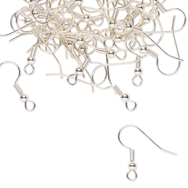 Ear wire, electro-coated and silver-plated stainless steel, pale yellow, 20mm fishhook with 3mm ball and 4mm coil with open loop, 21 gauge. Sold per pkg of 25 pairs. image number 0