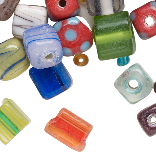 Bead mix, lampworked glass, opaque and translucent mixed colors, 9-12mm cube. Sold per 4-ounce pkg, approximately 55 beads. image number 0