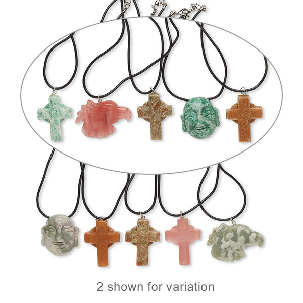 Necklace mix, multi-gemstone (natural) / glass / rubber / steel / "pewter" (zinc-based alloy), 36x32mm Buddha / 40x30mm cross / 49x34mm eagle, 18 inches with lobster claw clasp. Sold per pkg of 5. image number 0