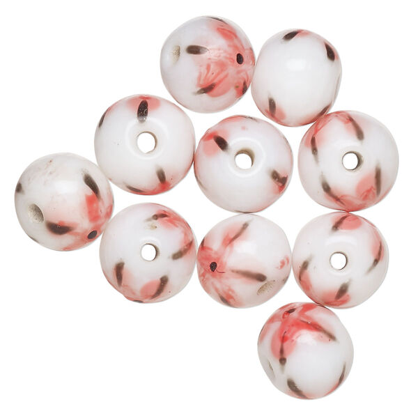 Bead, lampworked glass, opaque white / black / pink, 9-11mm round. Sold per pkg of 10. image number 0