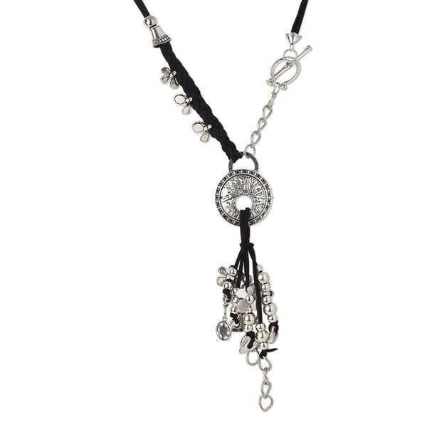 Necklace, antique silver-plated "pewter" (zinc-based alloy) and suede, black, 32 inches with 38-inch drape and toggle clasp. Sold individually. image number 0
