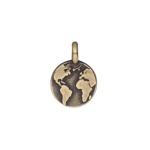 Drop, TierraCast®, antique brass-plated pewter (tin-based alloy), 12mm single-sided round with Earth. Sold per pkg of 2.