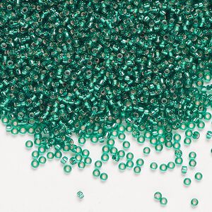 Seed bead, Miyuki, glass, pkg/250g, #15 rocaille, transparent silver-lined emerald green (RR-17).