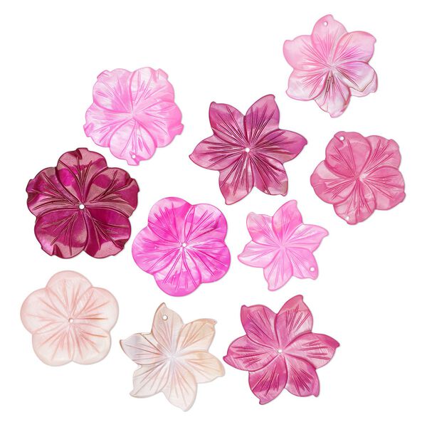 Focal and component mix, mother-of-pearl (dyed), multi-pink, 24-35mm hand-carved flower, Mohs hardness 3-1/2. Sold per pkg of 10. image number 0