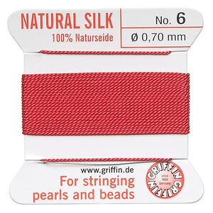 Thread, Griffin, silk, red, size #6. Sold per 2-meter card (approximately 78 inches).