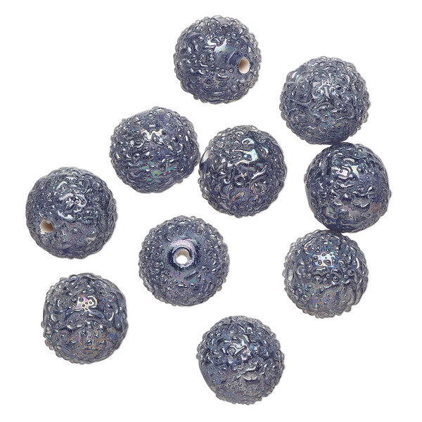 Bead, lampworked glass, translucent blue AB, 12mm textured round. Sold per pkg of 10. image number 0
