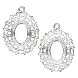 Pendant, silver-plated "pewter" (zinc-based alloy), 32x28mm fancy oval, 18x13mm oval setting. Sold per pkg of 2.