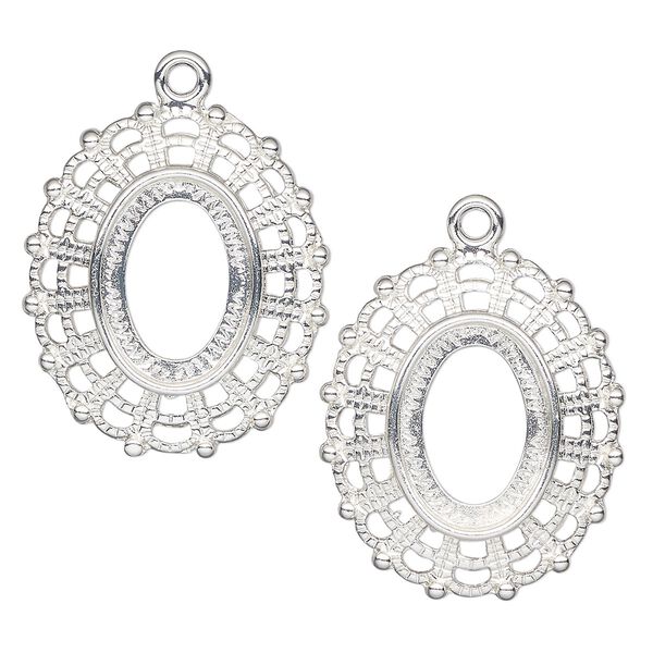 Pendant, silver-plated "pewter" (zinc-based alloy), 32x28mm fancy oval, 18x13mm oval setting. Sold per pkg of 2. image number 0