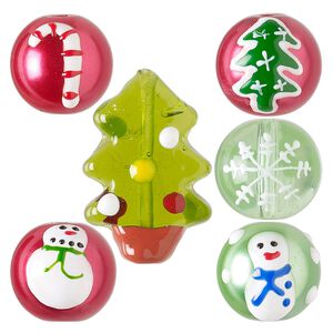 Bead mix, hand-painted glass, opaque to transparent multicolored, 13mm round and 26x17mm flat tree with Christmas designs. Sold per pkg of 6.