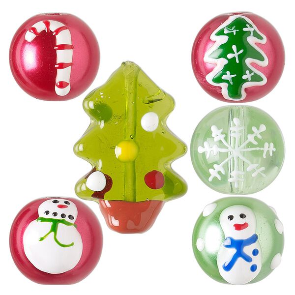 Bead mix, hand-painted glass, opaque to transparent multicolored, 13mm round and 26x17mm flat tree with Christmas designs. Sold per pkg of 6. image number 0