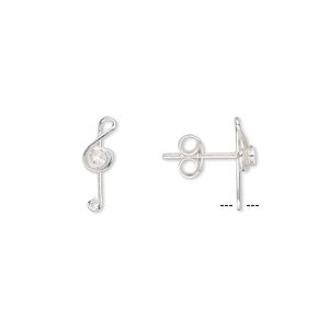 Earstud 1pkg2 sterling silver, 13x4mm treble clef / PP18 round chaton glue-in setting, 1 pair