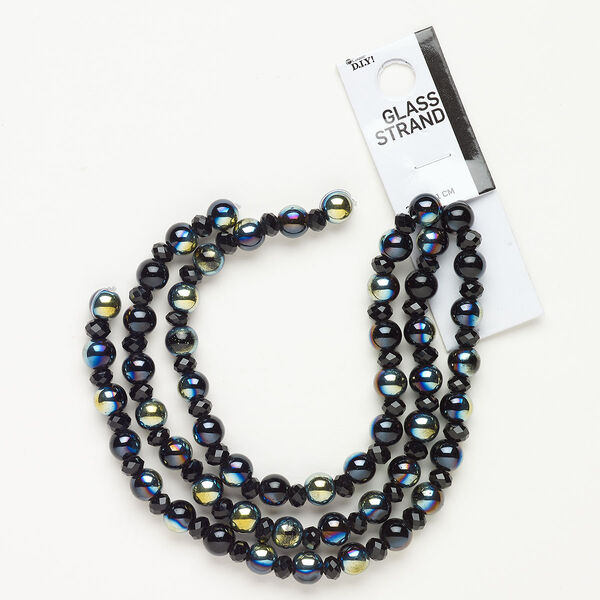 Bead, glass 1pk 7-8mm round 6x4mm-6x5mm faceted rondelle, opaque black AB opaque black, 24 inch image number 0