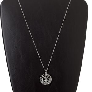 Necklace, imitation rhodium finished "pewter" (zinc-based alloy) and brass with glass rhinestone, clear, 28mm flat round with flower design, 24 inches with 2-inch extender chain and lobster claw clasp. Sold individually.