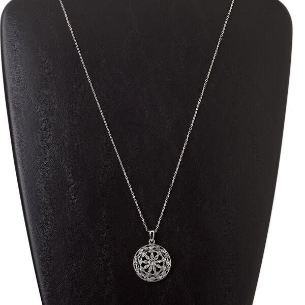 Necklace, imitation rhodium finished "pewter" (zinc-based alloy) and brass with glass rhinestone, clear, 28mm flat round with flower design, 24 inches with 2-inch extender chain and lobster claw clasp. Sold individually. image number 0