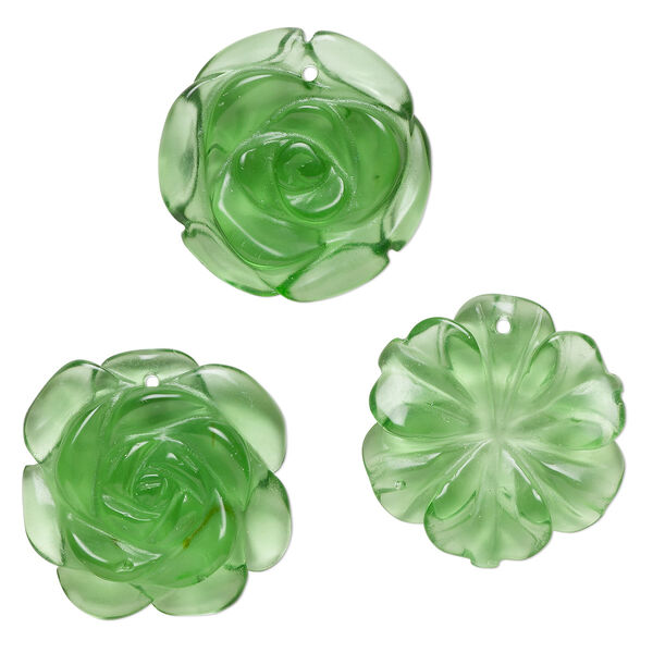 Drop mix, glass, translucent green, 30x28mm-30x30mm top-drilled carved flower. Sold per pkg of 3. image number 0