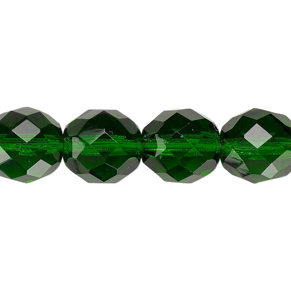 Bead, Czech fire-polished glass, pkg/15-1/2 to 16 inches, 12mm faceted round, transparent emerald green, (50140). image number 0