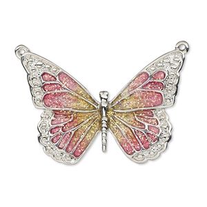 Focal, enamel and imitation rhodium-plated "pewter" (zinc-based alloy), pink and yellow with glitter, 35x25mm single-sided butterfly. Sold individually.
