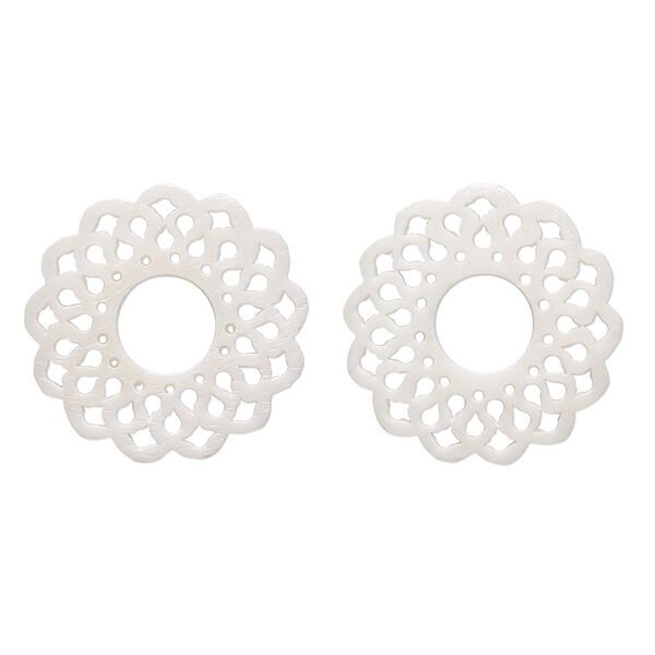 Component, camel bone (bleached), white, 30mm hand-cut single-sided fancy flat open round with cutout design, Mohs hardness 2-1/2. Sold per pkg of 2. image number 0