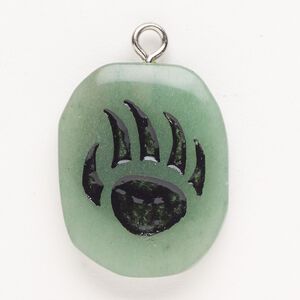 Focal, steel/green aventurine (natural)/enamel, pkg/1, silver finish and black, 30x24mm-39x27mm single-sided puffed freeform with bear claw, B grade.