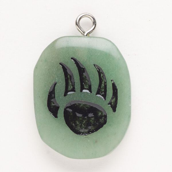 Focal, steel/green aventurine (natural)/enamel, pkg/1, silver finish and black, 30x24mm-39x27mm single-sided puffed freeform with bear claw, B grade. image number 0
