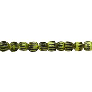 Bead, bone (dyed), lime green and black, 5x4mm corrugated barrel. Sold per 15-1/2" to 16" strand.