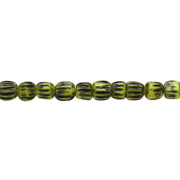 Bead, bone (dyed), lime green and black, 5x4mm corrugated barrel. Sold per 15-1/2" to 16" strand. image number 0
