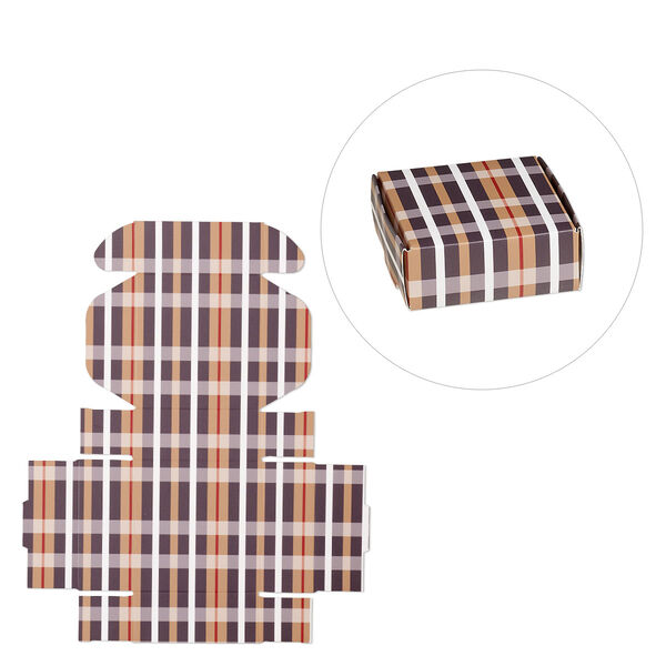 Box, paper, multicolored, 3x3x1-inch unassembled square with plaid design. Sold per pkg of 10. image number 0