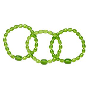 Bracelet, stretch, glass, green, 7-8 inches wearable length. Sold per pkg of 3.