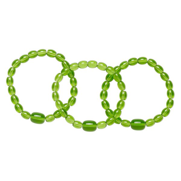 Bracelet, stretch, glass, green, 7-8 inches wearable length. Sold per pkg of 3. image number 0
