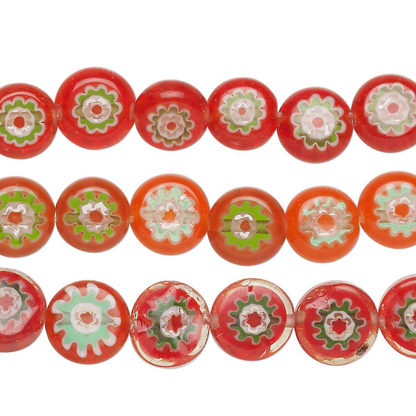 Bead mix, millefiori glass, translucent red-orange and multicolor, 8-9mm puffed flat round with flower design. Sold per pkg of (3) 14-inch strands, approximately 150 beads. image number 0