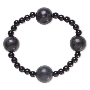 Bracelet, stretch, blackstone (dyed) and acrylic, black, 5mm and 15-16mm round, 6 inches. Sold individually.