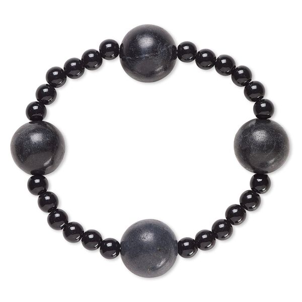 Bracelet, stretch, blackstone (dyed) and acrylic, black, 5mm and 15-16mm round, 6 inches. Sold individually. image number 0