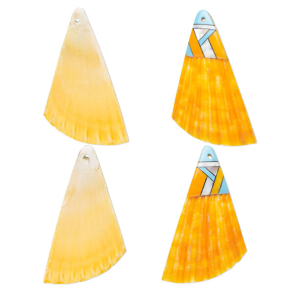 Focal, sea scallop shell / multi-shell / resin (dyed/assembled), orange / turquoise blue / multicolored, 50x33mm single-sided right- and left-facing half shells, Mohs hardness 3-1/2. Sold per pkg of 2. image number 0