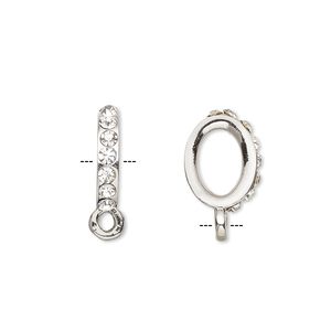 Bead, Dione®, glass rhinestone and imitation rhodium-plated "pewter" (zinc-based alloy), clear, 14x3mm oval rondelle with closed loop. Sold per pkg of 2.