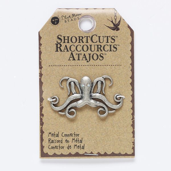 Focal, acrylic and antique nickel-finished "pewter" (zinc-based alloy), clear AB, 46x26mm octopus. Sold individually. image number 0