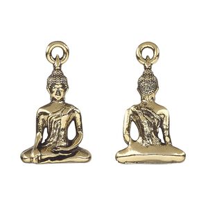 Drop, antique gold-plated pewter (tin-based alloy), 22x15mm 3D Buddha. Sold individually.
