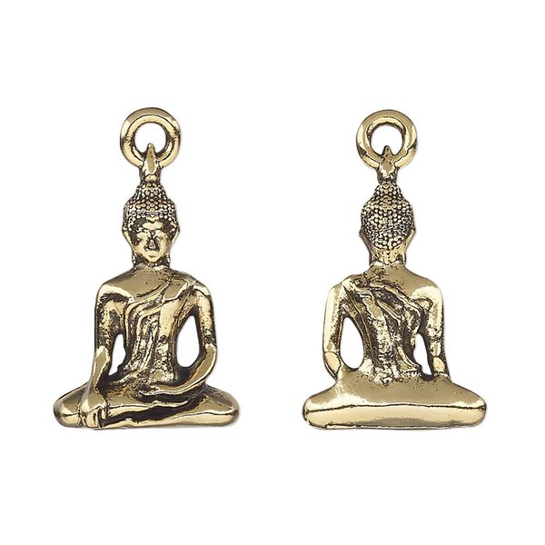 Drop, antique gold-plated pewter (tin-based alloy), 22x15mm 3D Buddha. Sold individually. image number 0