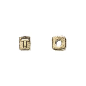 Bead, antique gold-plated pewter (tin-based alloy), 8x6mm rectangle with alphabet letter "T." Sold per pkg of 4.