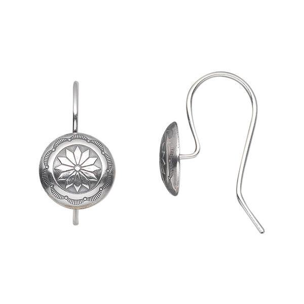 Ear wire, antiqued sterling silver, 20mm fishhook with 11mm round with Circle of Life concho, 20 gauge. Sold per pair. image number 0
