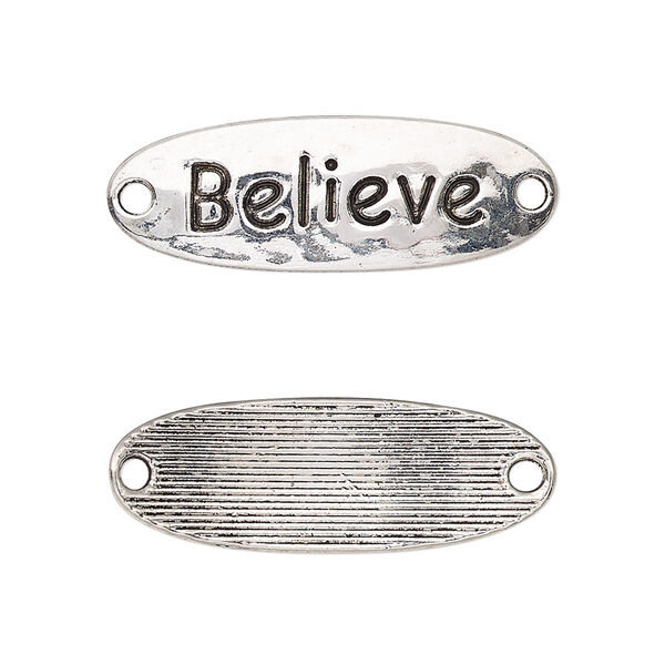 Link, antique silver-finished "pewter" (zinc-based alloy), 30x10.5mm single-sided curved hammered flat oval with "Believe." Sold per pkg of 2. image number 0