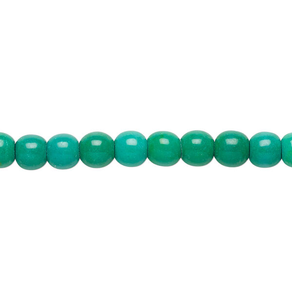 Bead, magnesite (dyed / stabilized), kelly green, 5-6mm round, C grade, Mohs hardness 3-1/2 to 4. Sold per 15-inch strand. image number 0