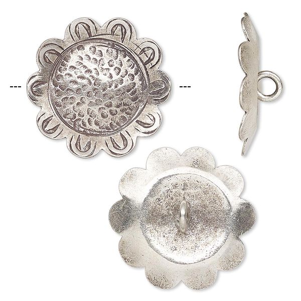 Button, Hill Tribes, antiqued sterling silver, 22mm puffed sunflower. Sold per pkg of 2. image number 0