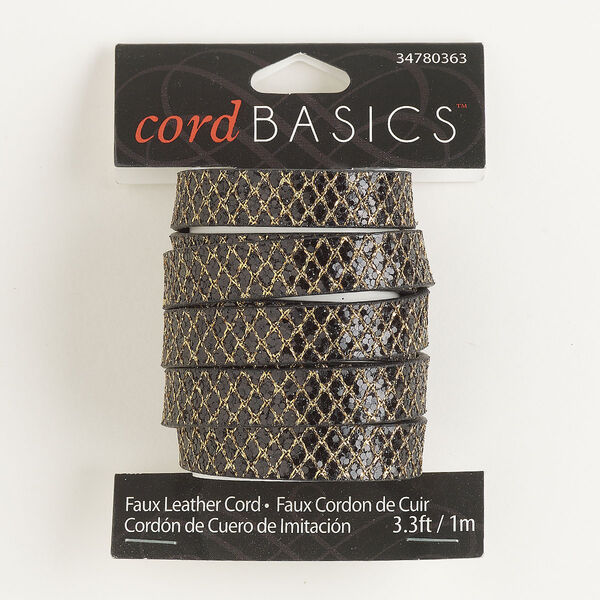 Cord, faux leather, black and gold, 10x2mm textured flat with snakeskin pattern. Sold per 1-meter section. image number 0